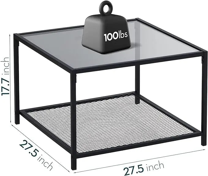 SAYGOER Coffee Table with Storage Modern Glass Coffee Tables Square Industrial Simple Center Table for Living Room Home Office Small Space 27.6 x 27.6 x 17.7 Inches Easy Assembly Gray Black - LeafyLoom