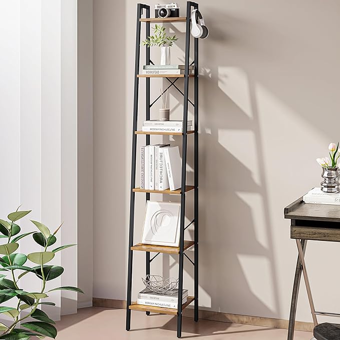 Ladder Shelf, Bookshelf Bookcase, Freestanding Corner Storage Shelve with 2 Hooks for Home Office, Living Room, Kitchen, Bedroom, Industrial, 6-Tier Rustic Brown BC13301B - LeafyLoom