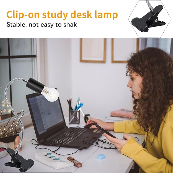 Clip Desk Lamp Socket 2 Pack Flexible Gooseneck Lamp Stand Clip-On with Switch Plugs Clip on Light with Flexible Neck Portable Clip on Light Metal Clip Holder Desk Study Clamp Lamp - LeafyLoom