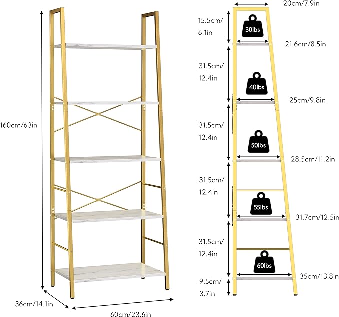 Yusong Ladder Shelf, 5-Tier Bookshelf Wood Bookcase for Living Room, Industrial Book Shelves, Tall Storage Display Rack Plant Stand for Bedoom, Home Office, Gold Metal Frame and White Marble Plank - LeafyLoom