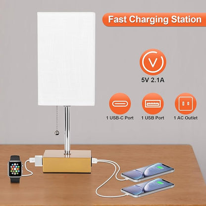 Table Lamp for Bedrooms Set of 2, 3 Color Bedside Table Lamps for Bed Room with USB Type C Charging Port Ac Outlet, Pull Chain Nightstand Table Lamp for Living Room,Office Desk(LED Bulb Included) - LeafyLoom