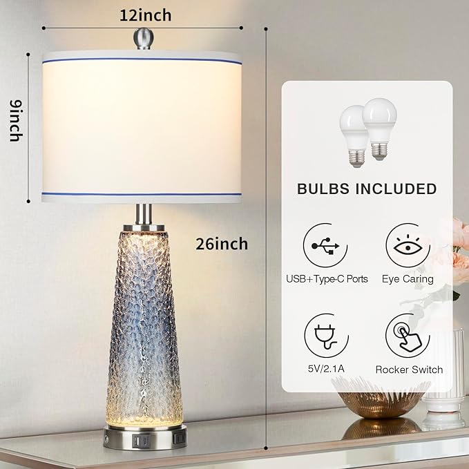 Glass Table Lamps for Living Room, 26" Modern Table Lamps with USB A+C Ports & AC Outlet, Touch Control Bedside Nightstand Lamp with Crystal Night Light for End Table Office Desk Blue(Bulbs Included) - LeafyLoom