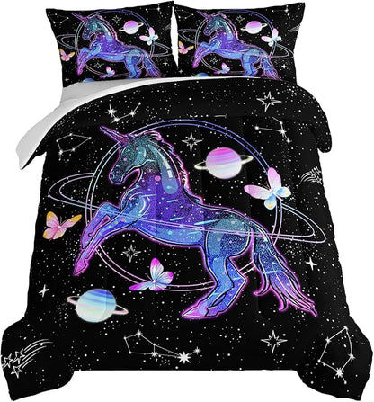 HOSIMA Unicorn Bedding Sets for Girls Kids,Butterfly Star Empty Galaxy Comforter,Unicorn Bedroom Decor for Girls Boys,Soft Microfiber Black King Size Comforter Set,Butterfly Crib Bedding Set. - LeafyLoom