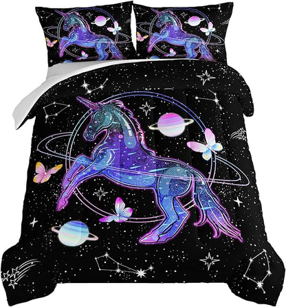 HOSIMA Unicorn Bedding Sets for Girls Kids,Butterfly Star Empty Galaxy Comforter,Unicorn Bedroom Decor for Girls Boys,Soft Microfiber Black Queen Comforter Set,Butterfly Crib Bedding Set. - LeafyLoom