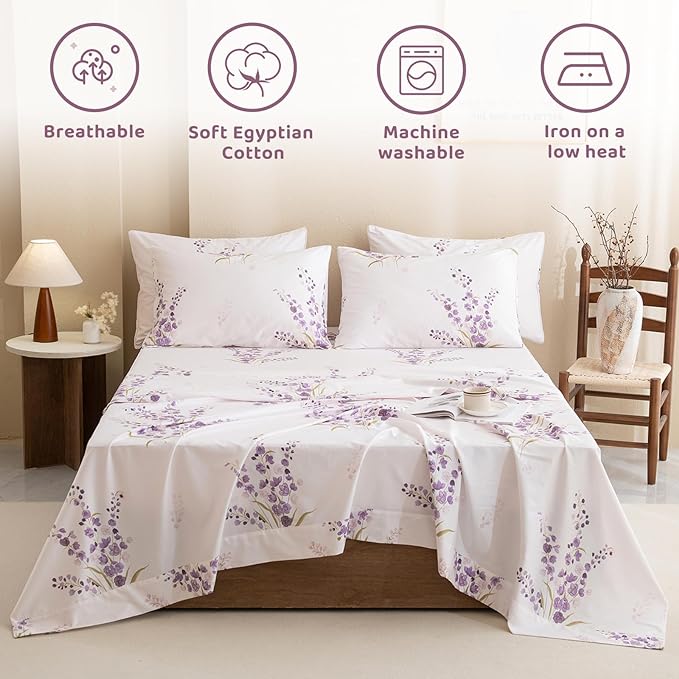 QSH Lavender Floral Bed Sheets Queen Size - 100% Egyptian Cotton Sheets Purple Flower Printed Bedding Sheets Queen Size Bed 4pcs Deep Pockets Bed Sheets - LeafyLoom