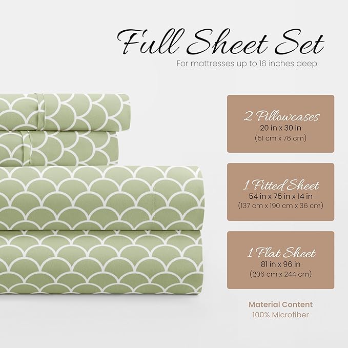 Linen Market 4 Piece Full Bedding Sheet Set (Sage Scallops) - Sleep Better Than Ever with These Ultra-Soft & Cooling Bed Sheets for Your Full Size Bed - Deep Pocket Fits 16" Mattress - LeafyLoom