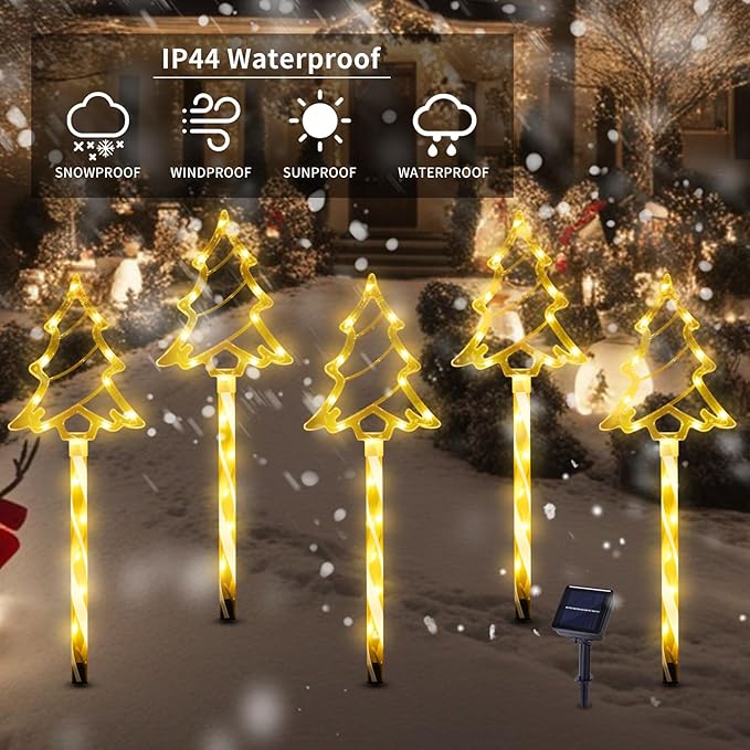 Solar Christmas Pathway Lights Outdoor Decorations, 8 Modes Xmas Tree Candy Lights Waterproof Led Garden Stake Lights for Walkway Yard Lawn Porch Holiday Decor 5-Pack (Warm White Xmas Tree Lights) BRIGHTDECK