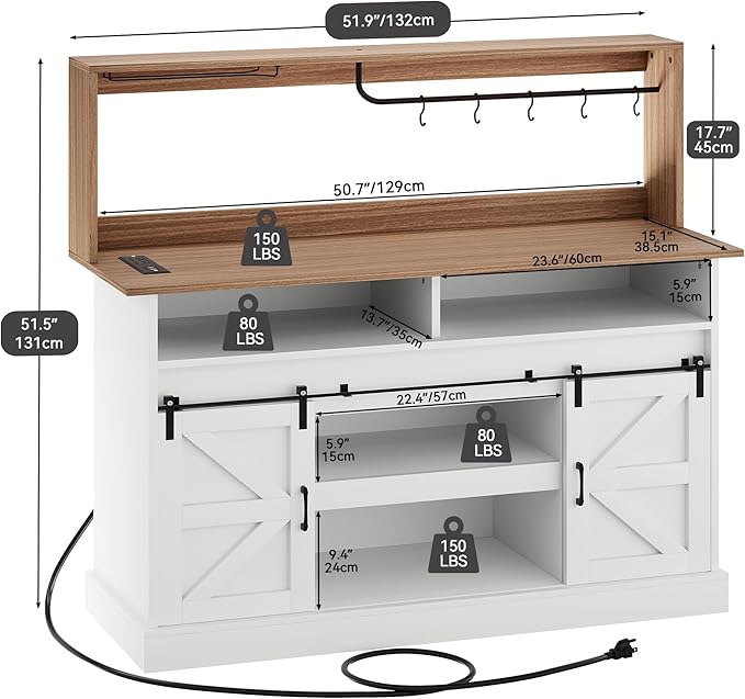 YITAHOME 52" Farmhouse Buffet Cabinet with Storage, Sliding Barn Door, Sideboard Cabinet with Goblet Holder, 5 Hooks and Power Outlets, Coffee Bar Cabinet for Kitchen, Living Room (White) - LeafyLoom