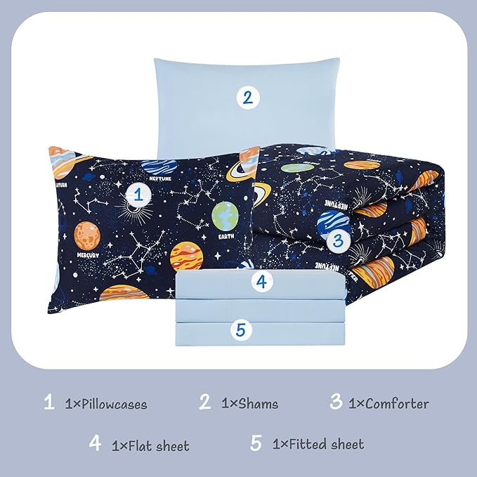 Twin Comforter Set with Sheets - 5 Pieces Kids Twin Bedding Sets, Glow in The Dark Space Twin Bed in a Bag with Comforter, Sheets, Pillowcase & Sham - LeafyLoom