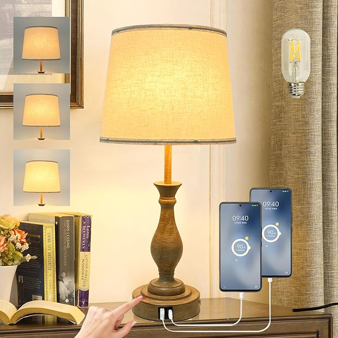 Farmhouse Table Lamp Touch Control 3-Way Dimmable Table Lamp, Modern Nightstand Lamp with 2 USB Port Bedside Desk Lamp with Fabric Shade for Living Room Bedroom Hotel (Pack-01A) - LeafyLoom