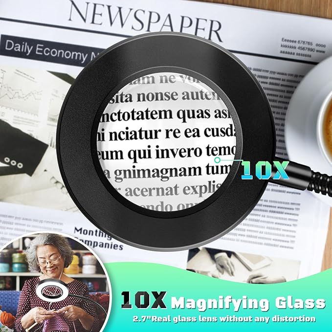 10X Magnifying Glass with Light, Clip on Mganifier with Light, 48 LED Desk Magnifying Glass wtih Clamp, 3 Modes Dimmable Magnifying LED Lamps for Bed Work Crafts DIY Repair - LeafyLoom