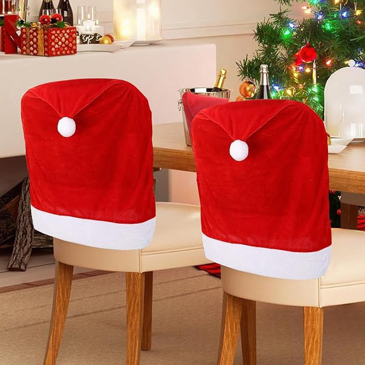 Christmas Chair Covers Set of 4,Red and White Santa Claus Hat Chair Back Covers for Xmas Holiday Festival Indoor Kitchen Bar Counter Stools Decorations Dining Room Table Decor Satxtrem