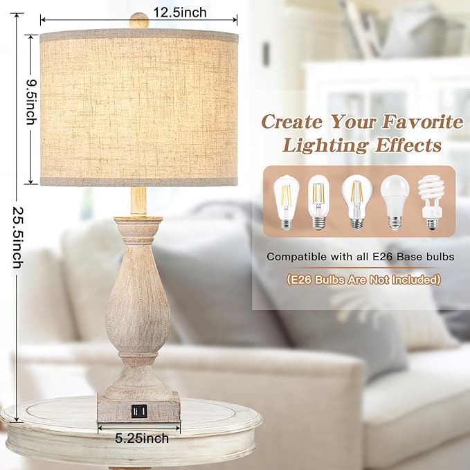 Farmhouse Table Lamps for Living Room Bedside Lamps for Nightstand Vintage Rustic Table Lamps for Bedrooms Set of 2 with USB Charging Ports Wooden Finish Bulbs Not Included - LeafyLoom