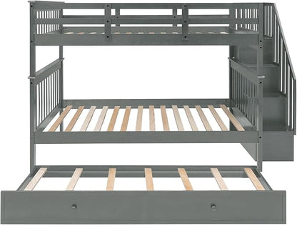 Stairway Full-Over-Full Bunk Bed with Twin Size Trundle, Storage Stairs and Guard Rail, 3-in-1 Bedframe for Bedroom Dorm, Kids Teens Adults, Gray - LeafyLoom