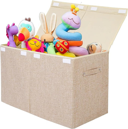 popoly Large Toy Box Chest Storage with Flip-Top Lid, Collapsible Kids Storage Boxes Container Bins for Toys, Playroom Organizers, 25"x13" x16"(Linen Beige) - LeafyLoom