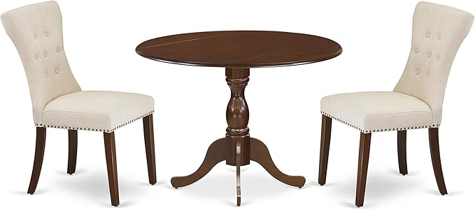 East West Furniture DMGA3-MAH-32 3 Piece Dining Set Contains a Round Dining Room Table with Dropleaf and 2 Light Beige Linen Fabric Upholstered Chairs, 42x42 Inch, Mahogany - LeafyLoom