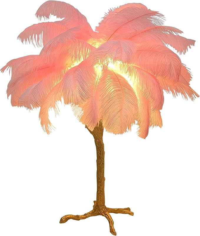 Ostrich Feather Desk Lamp Bedside Pink Cute Lamp Gold Resin Table Lamp, Coconut Tree Feather Lamp for Bedroom Living Room Hallway Wedding Girls Bedroom Night Light G4 Base - LeafyLoom