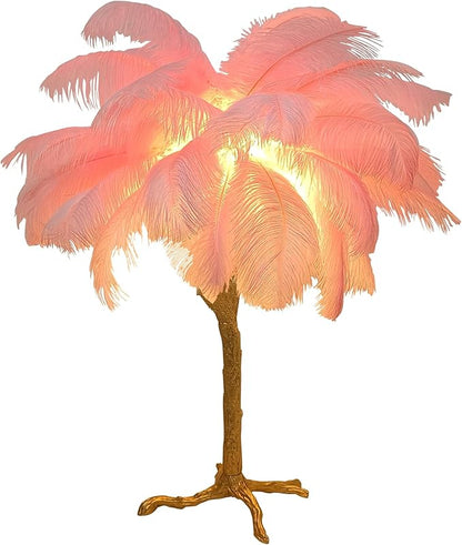 Ostrich Feather Desk Lamp Bedside Pink Cute Lamp Gold Resin Table Lamp, Coconut Tree Feather Lamp for Bedroom Living Room Hallway Wedding Girls Bedroom Night Light G4 Base - LeafyLoom