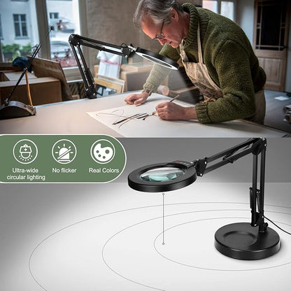 8X Magnifying Glass with Light and Stand, Upgrade Button 5 Color Modes Stepless Dimmable, 2-in-1 LED Lighted Magnifier Light, Hands Free Desk Lamp with Clamp for Craft Hobby Reading Close Work - LeafyLoom