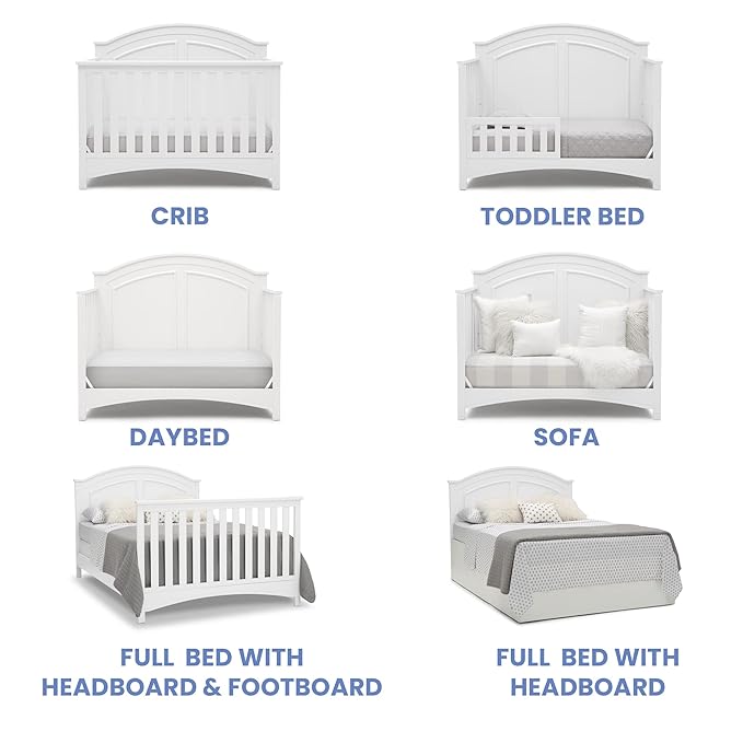 Delta Children Perry 6-in-1 Convertible Crib - Greenguard Gold Certified, Bianca White + Simmons Kids Radiant Sky Dual Sided Baby Crib Mattress and Toddler Mattress (Bundle) - LeafyLoom