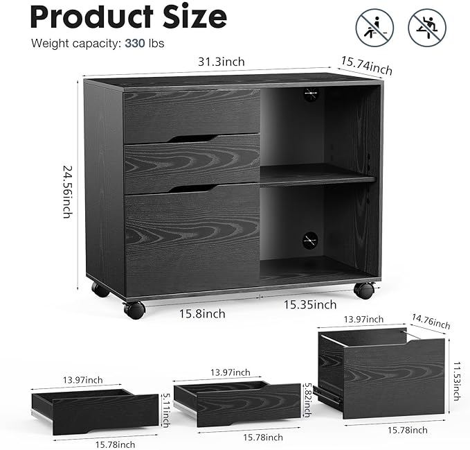 OLIXIS 3 Drawer File Cabinet Lateral Printer Stand with Adjustable Storage Shelves for Home Office Small Space, Black - LeafyLoom