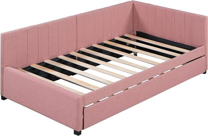 Twin Size Upholstered Linen Daybed with 2 Trundle,Semi-Closed Design,Solid Wood Bed Frame,W/Backrest and Slat Support,No Box Spring Needed,for Apartment Bedroom,Pink - LeafyLoom