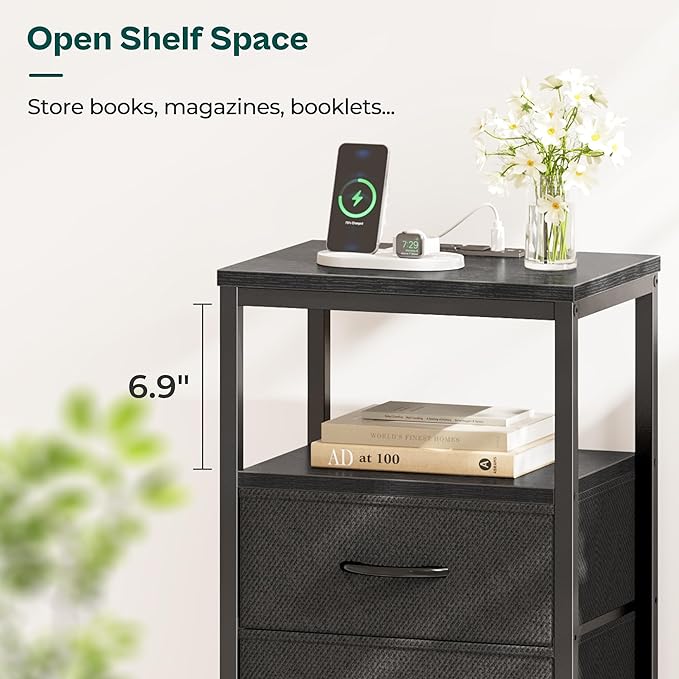 Nightstand with Charging Station, Side Table with Fabric Drawers, End Table with Open Shelf, Bedside Table with USB Ports and Outlets, Night Stand for Bedroom, Black - LeafyLoom