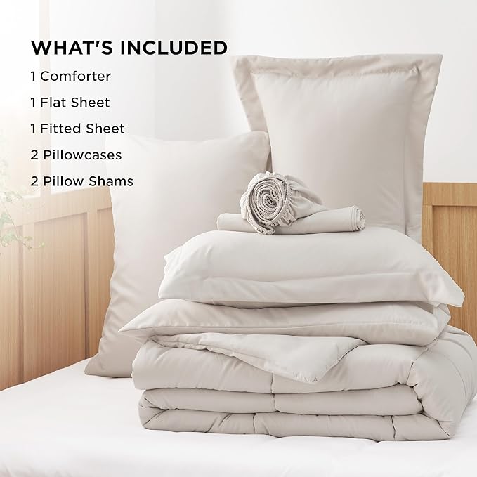 Bedsure Beige King Size Comforter Set - 7 Pieces Solid King Bed in a Bag, King Bed Set Beige with Comforters, Sheets, Pillowcases & Shams - LeafyLoom