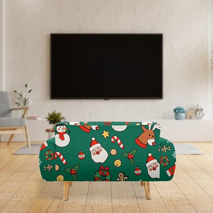 FKELYI Christmas Decorations Green Sofa Slipcover Santa Claus Stretch Sofa Couch Cover for Indoor Washable Furniture Protector with Elastic Bottom L FKELYI