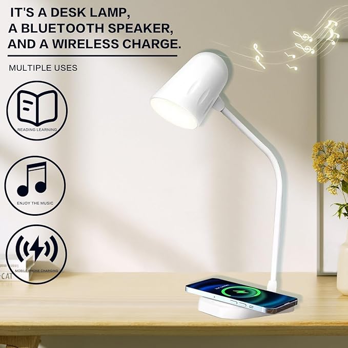 Led desk lamp with wireless charger, Bluetooth Speaker, Dimmable Table Lamp with 3 Lighting Mode, Touch Control, USB Charging Port Desk Light for Home Office Dorm Reading Work Study ( Color : Black ) - LeafyLoom