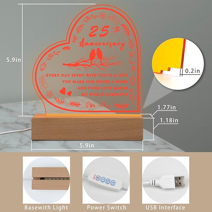 25th Anniversary Wedding Gift,25th Anniversary Dimmable Night Light for Couples,Parents,Husband & Wife,25th Anniversary for Christmas with Gift Box - LeafyLoom