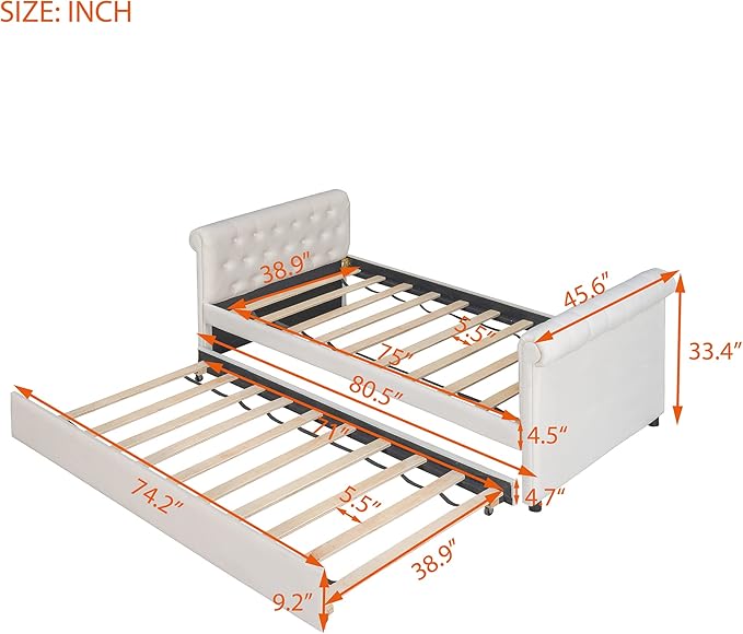 Twin Size Daybed with Trundle,Upholstered Sofa Bed W/Button & Nailhead Tufted Design Curved Armrests,Wood Slats Support,Bedframe for Bedroom Livingroom Small Space,No Box Spring Needed,Beige - LeafyLoom