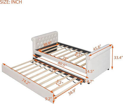 Twin Size Daybed with Trundle,Upholstered Sofa Bed W/Button & Nailhead Tufted Design Curved Armrests,Wood Slats Support,Bedframe for Bedroom Livingroom Small Space,No Box Spring Needed,Beige - LeafyLoom