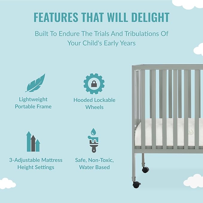 Quinn Full-Size Folding Crib in Cool Grey, Removeable Wheels, Modern Nursey, Adjustable Mattress Support, Portable Crib, Patented Folding System - LeafyLoom