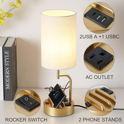 Dreamholder Table Lamp with 3 USB Charging Ports, Modern Desk Lamp with AC Outlet and Phone Stands, Perfect Bedside Lamp for Bedroom, Living Room, Office (Pack of 2), Gold - LeafyLoom