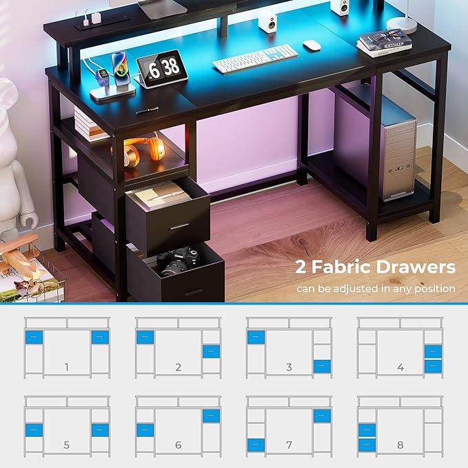 GreenForest Computer Desk with 2 Drawers and Power Outlets,50 Inch Office Desk with 2 Monitor Stands and Fabric File Cabinet, Reversible Gaming table with Led Lights and Shelves, Work Desk, Black - LeafyLoom