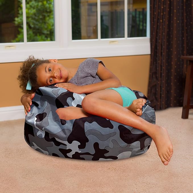 Posh Creations Bean Bag Chair for Kids, Teens, and Adults Includes Removable and Machine Washable Cover, Soft Nylon - Camo Gray and White, 27in - Medium - LeafyLoom