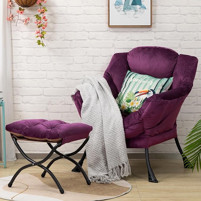 HollyHOME Fabric Lazy Chair with Foldable Ottoman, Accent Comfy Lounge Arm Chair and Folding Footrest Stool Set, Leisure Sofa Reading Chair and Footstool for Living Room, Bedroom, Dorm, Deep Purple - LeafyLoom