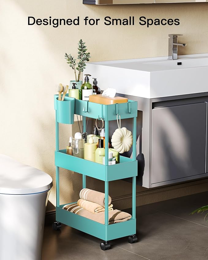 Pipishell Slim Storage Cart with Wheels, Bathroom Cart Organizer Bathroom Storage Small, Rolling Cart for Bathroom, Laundry Room, Kitchen, Narrow Space, Turquoise PIUC04TB - LeafyLoom