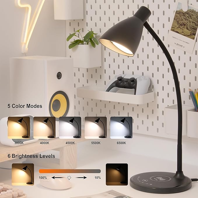 Desk Lamp with Wireless Charger, 12W 1000LM Touch Dimmable Reading Lamp with USB Charging Port, 5 Colors 6 Brightness Eye Care Bedside Table Lamp Gooseneck Desk Light for Home Office - LeafyLoom