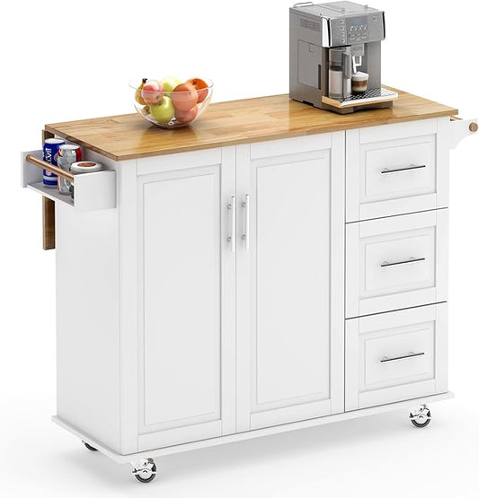 soges Mobile Kitchen Island with Storage and Drop Leaf on Wheels, Rolling Kitchen Island Table Cart with 3 Drawers and Large Storage Cabinets, Spacious Desktop, Adjustable Shelves, White - LeafyLoom