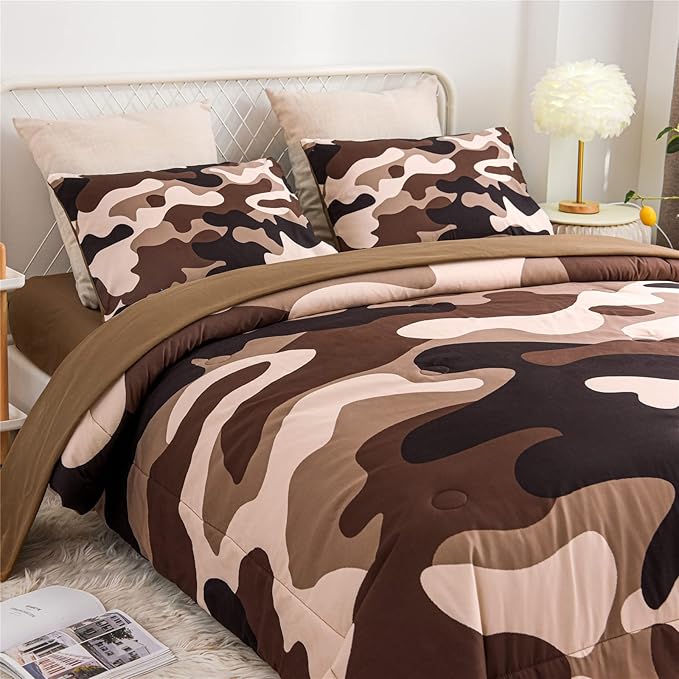 Meeting Story Camouflage Bedding Set, Colorful Pattern Style Comforter Set, 5 PCS One Comforter Two Pillowcases Two Sheets in One Bag, All Season Bedspread for Teens Adults (Coffee, Twin 5Pcs) - LeafyLoom