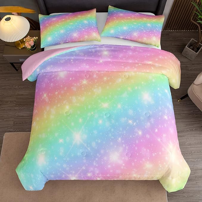 NINENINE Rainbow Bedding Sets,Pink Comforter Sets for girls,Girls Bedding Sets Full,Full Size Comforter Set for girls,Galaxy Comforter Toddler Bedding Set with 1 Comforter 2 Pillowcases - LeafyLoom