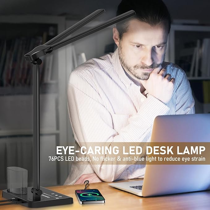 Dimmable LED Desk Lamp with USB Charging Port, 50 Lighting Modes Dual Swing Arm Architect Table Lamp Light Desk Lamp for Home Office Dorm Piano Nail - LeafyLoom