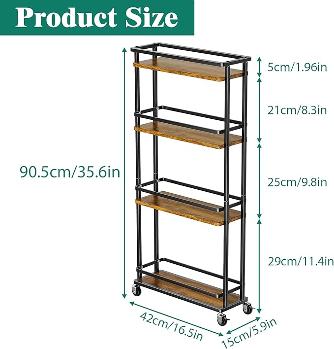 Slim Storage Cart 4 Tier Narrow Kitchen Rolling Cart on Wheels for Small Space, Mobile Spice Rack Seasoning Organizer Utility Serving Cart for Kitchen Bathroom Laundry, Brown - LeafyLoom