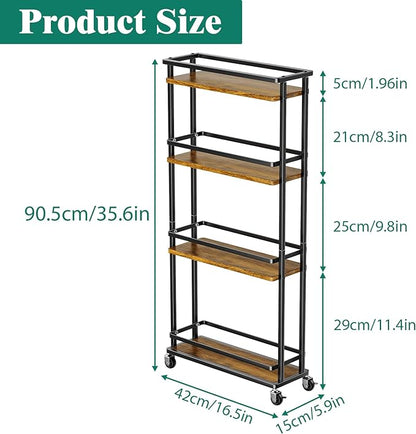 Slim Storage Cart 4 Tier Narrow Kitchen Rolling Cart on Wheels for Small Space, Mobile Spice Rack Seasoning Organizer Utility Serving Cart for Kitchen Bathroom Laundry, Brown - LeafyLoom