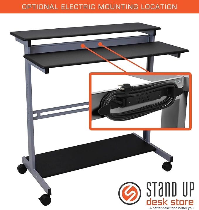 Stand Up Desk Store Rolling Adjustable Height Two Tier Standing Desk Computer Workstation (Silver Frame/Black Top, 48" Wide) - LeafyLoom