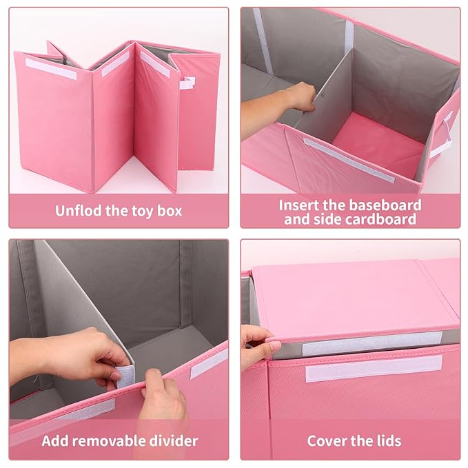 Fixwal Toy Storage Organizer for Girls - Extra Large Toddler Toy Box Kids Toy Chest, Collapsible Removable Divider for Nursery Playroom Bedroom Closet, 36"x12.6"x16" (Pink) - LeafyLoom