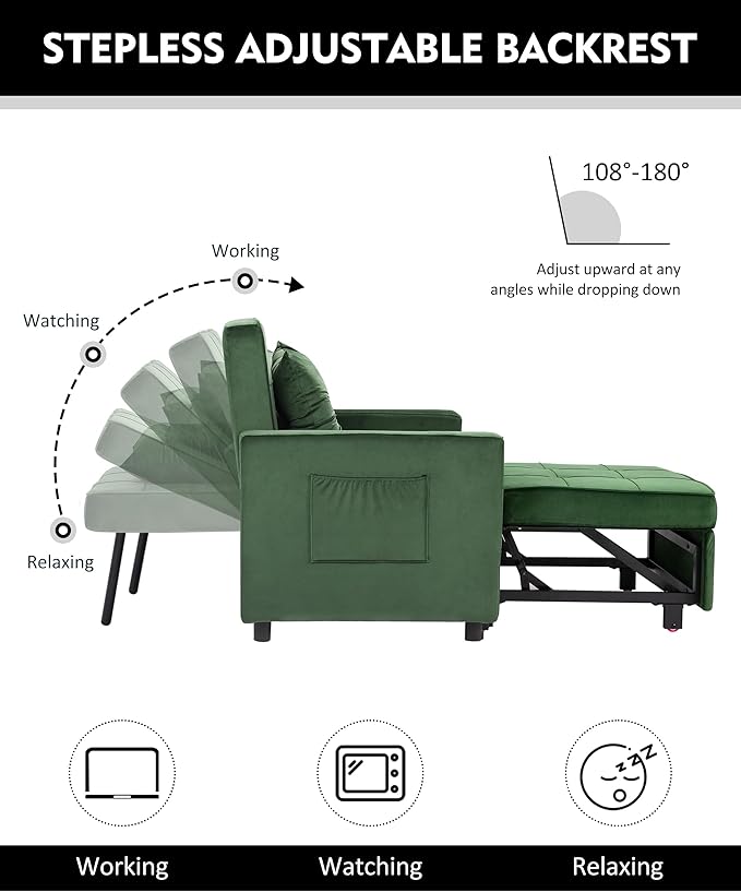 XSPRACER [UPDATED] Convertible Chair Bed, Sleeper Chair Bed 3 in 1, Stepless Adjustable Backrest,Armchair, Sofa, Bed, Flannel, Dark Green, Single One - LeafyLoom