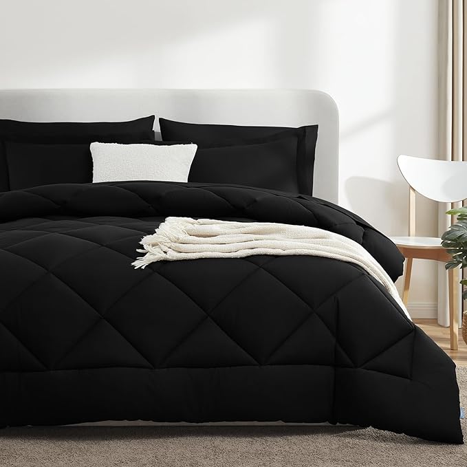 CozyLux Twin Bed in a Bag Comforter Sets with Comforter and Sheets 5 Pieces for Girls and Boys Black All Season Bedding Sets with Comforter, Pillow Sham, Flat Sheet, Fitted Sheet and Pillowcase - LeafyLoom